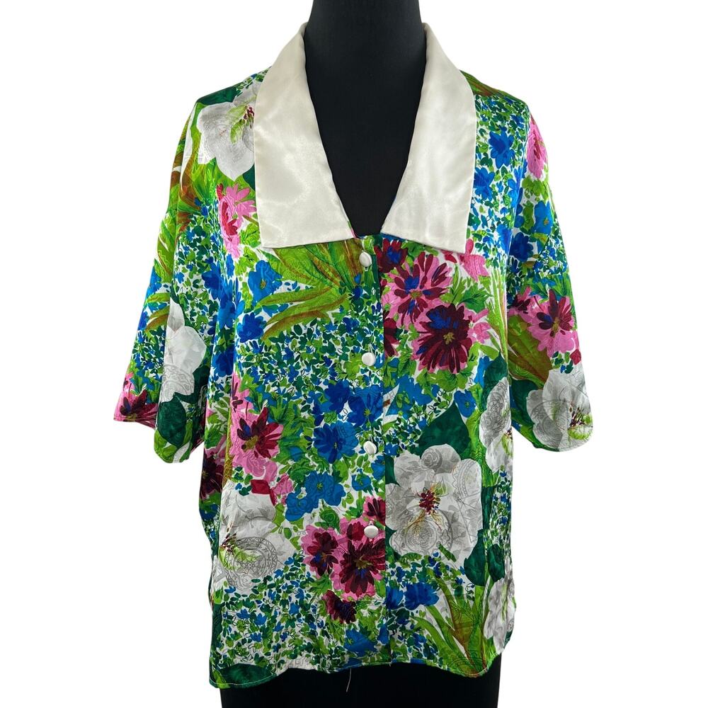 VINTAGE Victoria's Secret Green Blue Floral Print Short Sleeve Button-Down Sz M